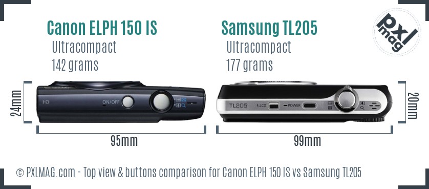 Canon ELPH 150 IS vs Samsung TL205 top view buttons comparison