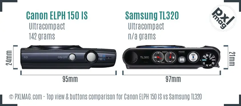 Canon ELPH 150 IS vs Samsung TL320 top view buttons comparison