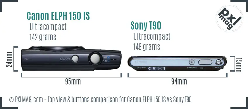 Canon ELPH 150 IS vs Sony T90 top view buttons comparison