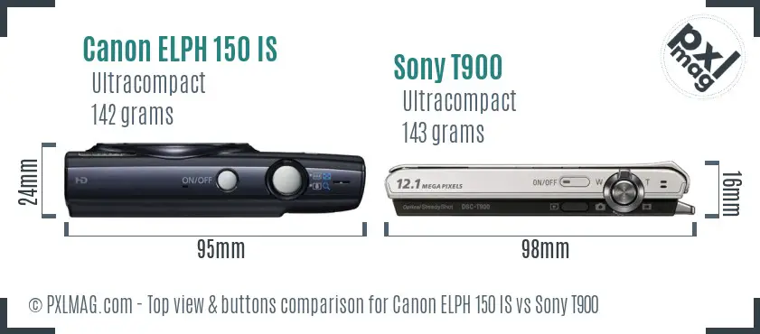 Canon ELPH 150 IS vs Sony T900 top view buttons comparison