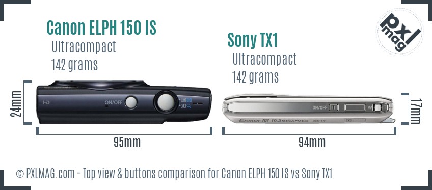 Canon ELPH 150 IS vs Sony TX1 top view buttons comparison