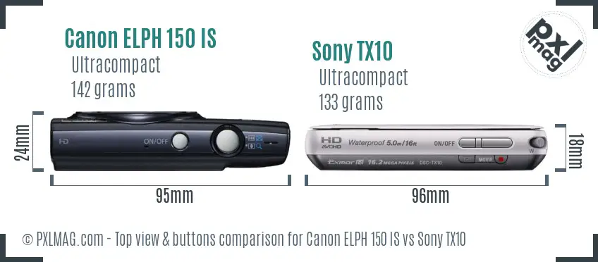 Canon ELPH 150 IS vs Sony TX10 top view buttons comparison Canon ELPH 150 IS vs Sony TX10 top view buttons comparison
