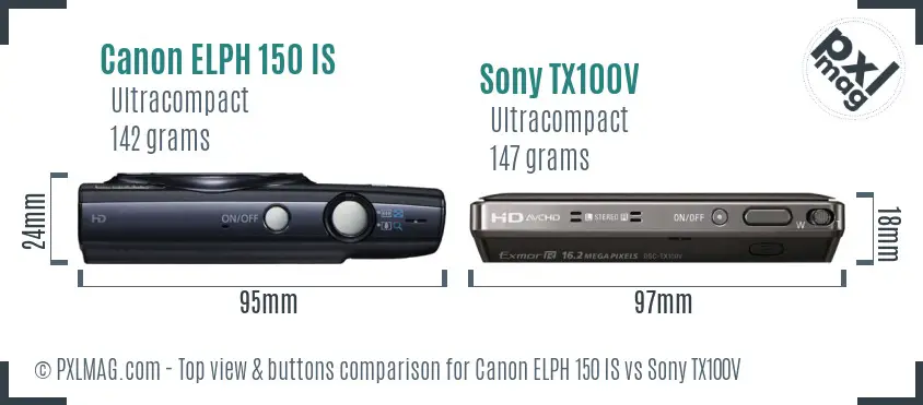 Canon ELPH 150 IS vs Sony TX100V top view buttons comparison