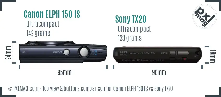 Canon ELPH 150 IS vs Sony TX20 top view buttons comparison