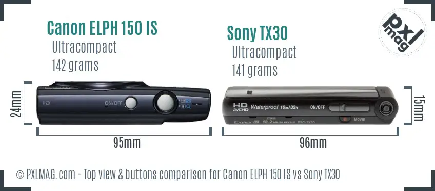 Canon ELPH 150 IS vs Sony TX30 top view buttons comparison