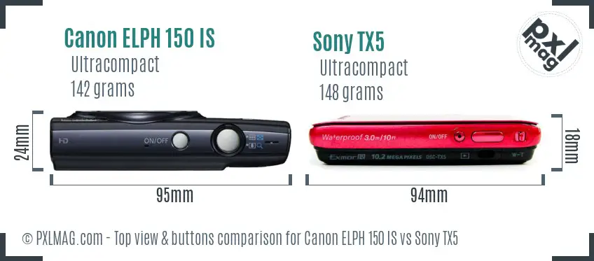 Canon ELPH 150 IS vs Sony TX5 top view buttons comparison