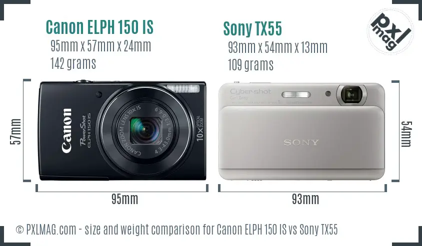 Canon ELPH 150 IS vs Sony TX55 size comparison