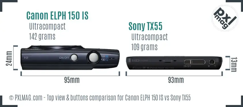 Canon ELPH 150 IS vs Sony TX55 top view buttons comparison