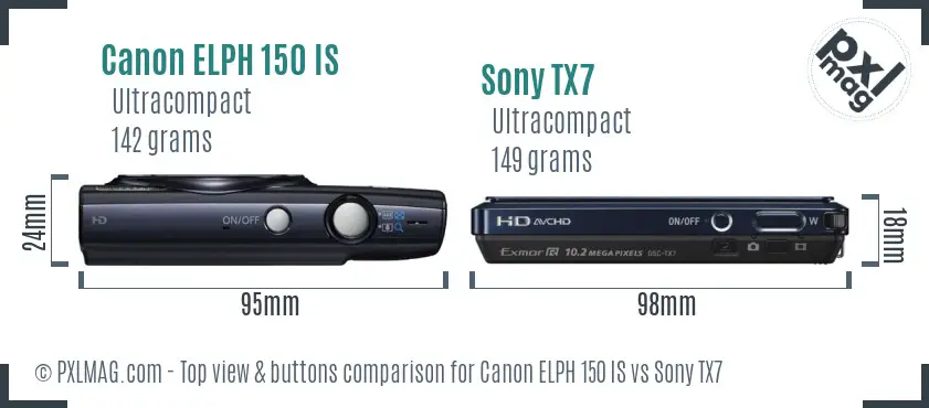 Canon ELPH 150 IS vs Sony TX7 top view buttons comparison