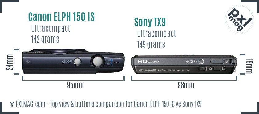 Canon ELPH 150 IS vs Sony TX9 top view buttons comparison
