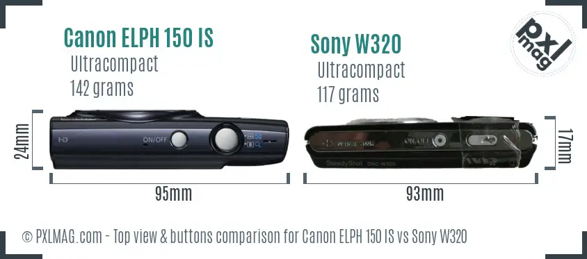 Canon ELPH 150 IS vs Sony W320 top view buttons comparison