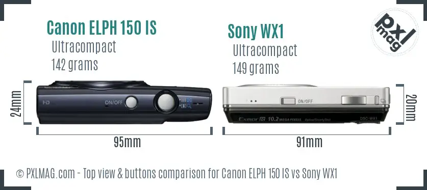 Canon ELPH 150 IS vs Sony WX1 top view buttons comparison