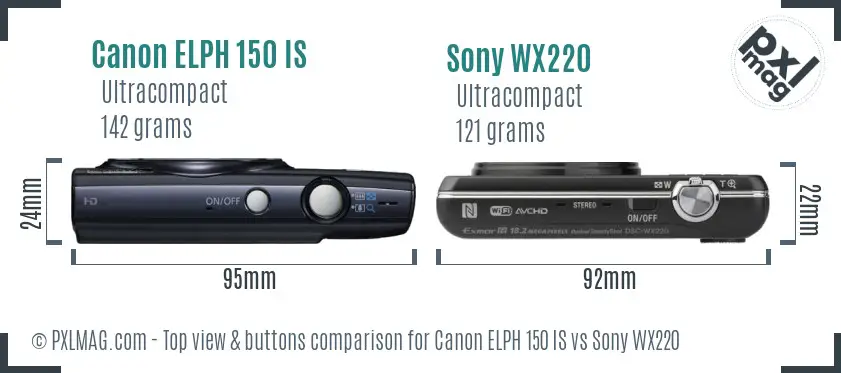 Canon ELPH 150 IS vs Sony WX220 top view buttons comparison