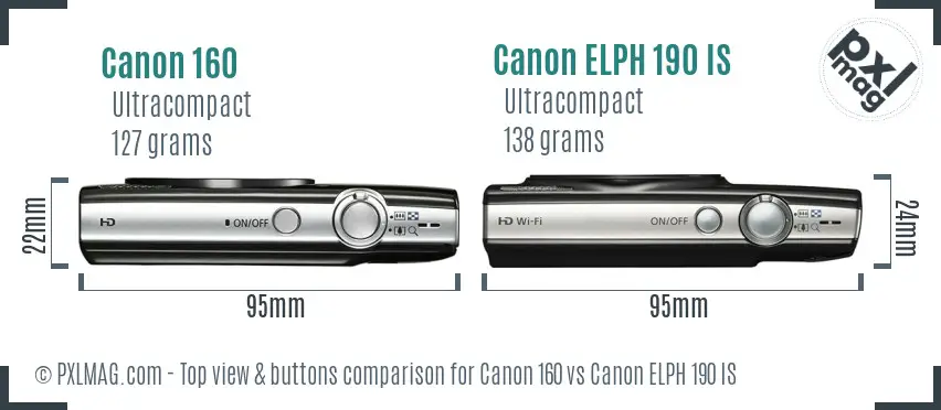 Canon 160 vs Canon ELPH 190 IS top view buttons comparison