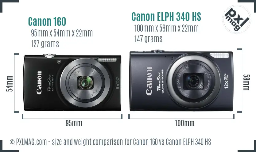 Canon 160 vs Canon ELPH 340 HS size comparison