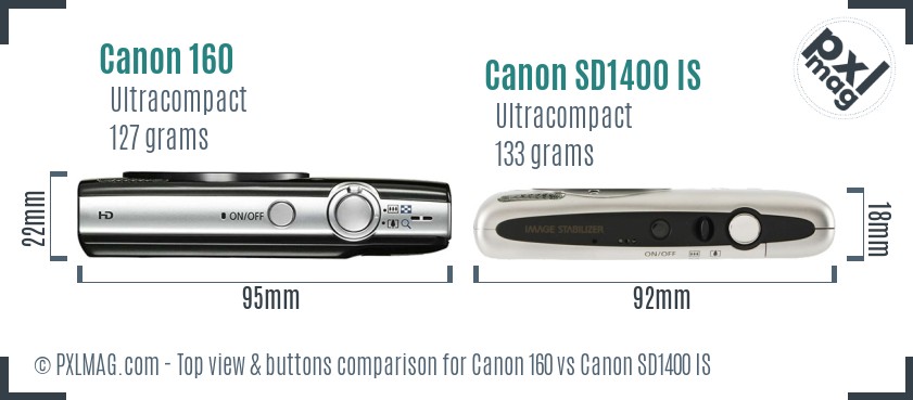 Canon 160 vs Canon SD1400 IS top view buttons comparison