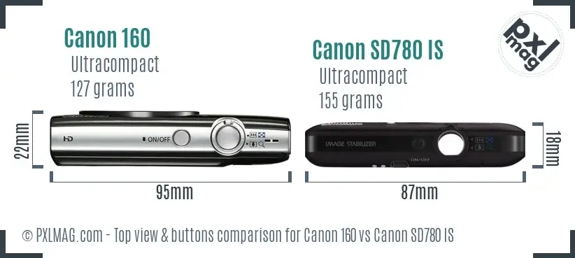 Canon 160 vs Canon SD780 IS top view buttons comparison