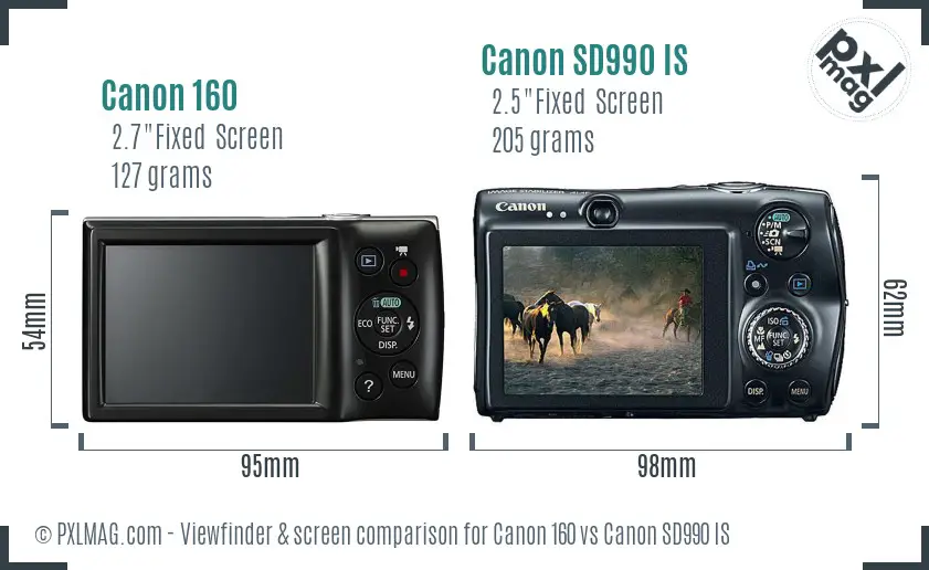 Canon 160 vs Canon SD990 IS Screen and Viewfinder comparison