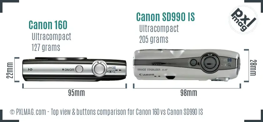 Canon 160 vs Canon SD990 IS top view buttons comparison
