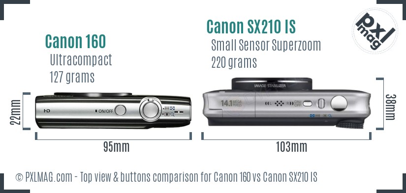 Canon 160 vs Canon SX210 IS top view buttons comparison