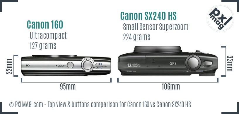Canon 160 vs Canon SX240 HS top view buttons comparison