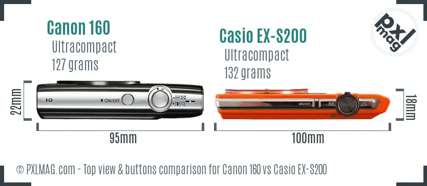 Canon 160 vs Casio EX-S200 top view buttons comparison Canon 160 vs Casio EX-S200 top view buttons comparison