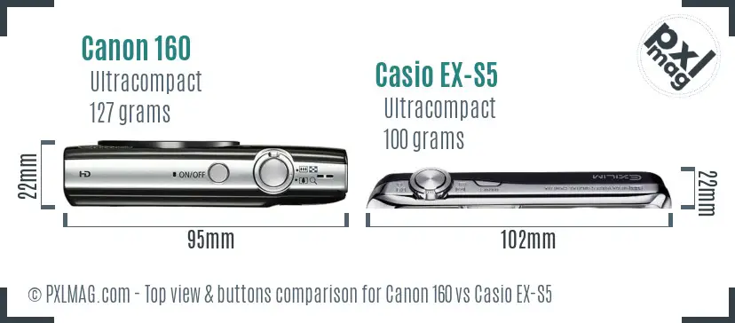 Canon 160 vs Casio EX-S5 top view buttons comparison Canon 160 vs Casio EX-S5 top view buttons comparison