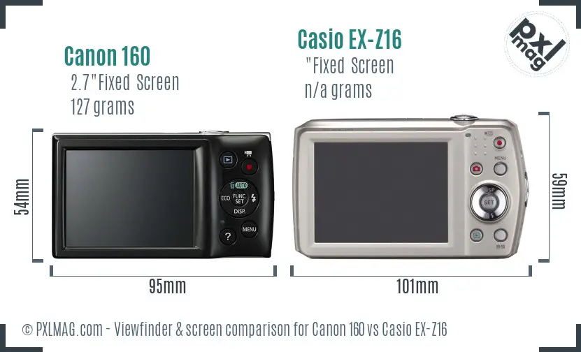 Canon 160 vs Casio EX-Z16 Screen and Viewfinder comparison