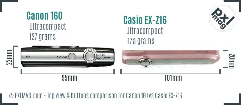 Canon 160 vs Casio EX-Z16 top view buttons comparison