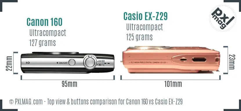 Canon 160 vs Casio EX-Z29 top view buttons comparison