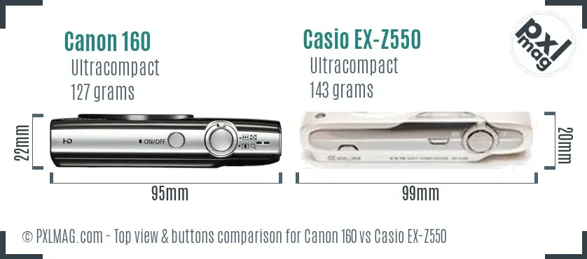 Canon 160 vs Casio EX-Z550 top view buttons comparison