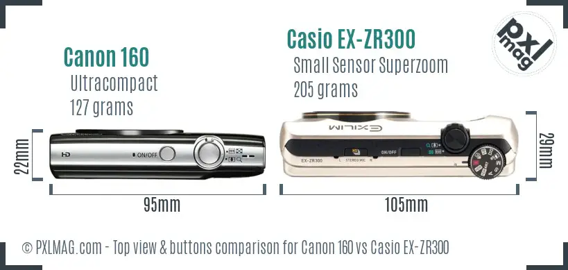 Canon 160 vs Casio EX-ZR300 top view buttons comparison