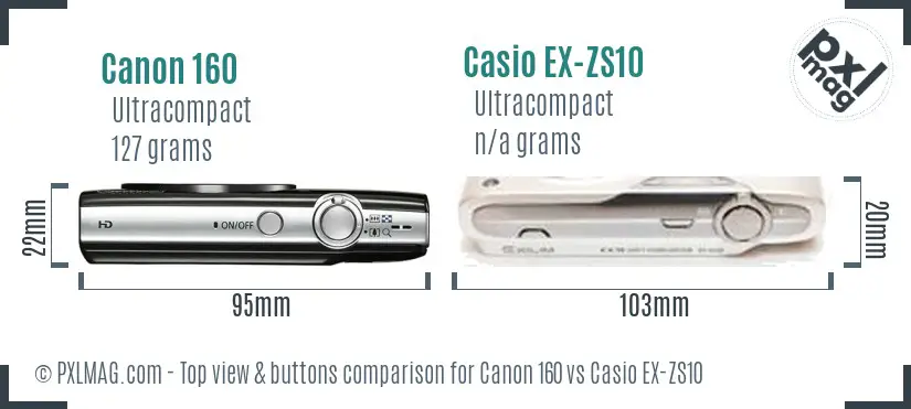 Canon 160 vs Casio EX-ZS10 top view buttons comparison Canon 160 vs Casio EX-ZS10 top view buttons comparison