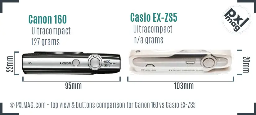 Canon 160 vs Casio EX-ZS5 top view buttons comparison Canon 160 vs Casio EX-ZS5 top view buttons comparison