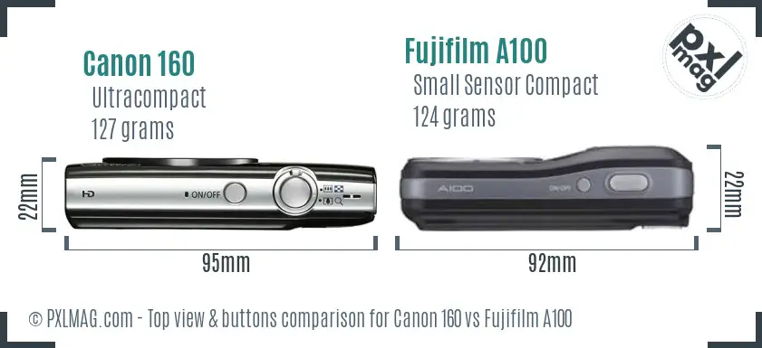 Canon 160 vs Fujifilm A100 top view buttons comparison
