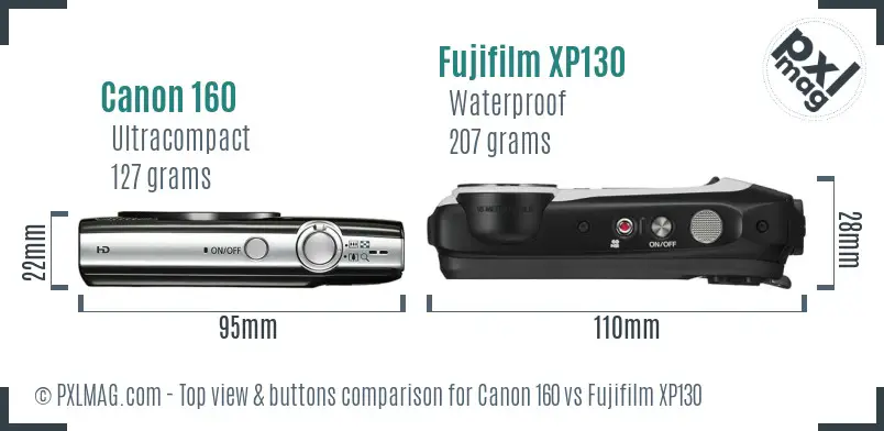 Canon 160 vs Fujifilm XP130 top view buttons comparison