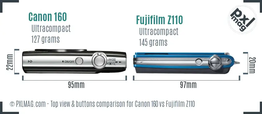 Canon 160 vs Fujifilm Z110 top view buttons comparison