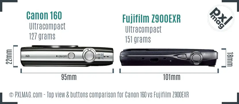 Canon 160 vs Fujifilm Z900EXR top view buttons comparison Canon 160 vs Fujifilm Z900EXR top view buttons comparison