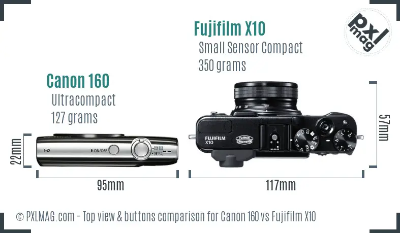 Canon 160 vs Fujifilm X10 top view buttons comparison