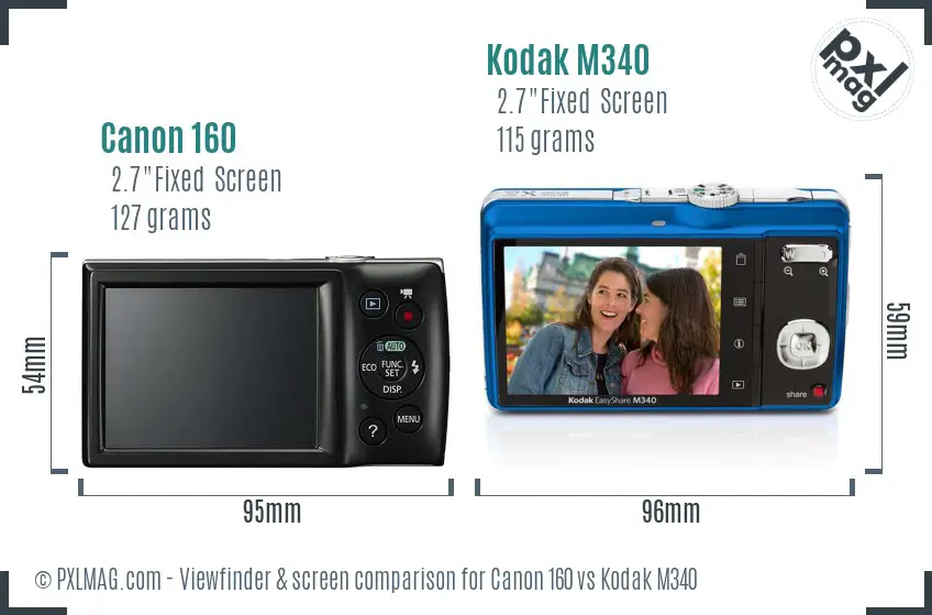 Canon 160 vs Kodak M340 Screen and Viewfinder comparison