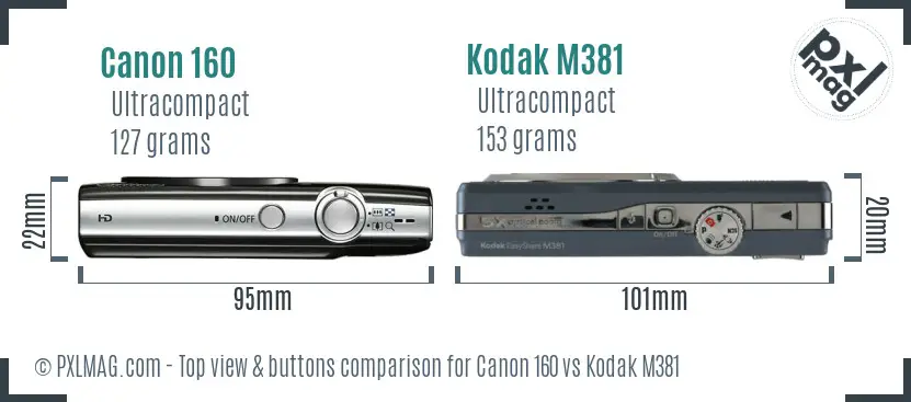 Canon 160 vs Kodak M381 top view buttons comparison Canon 160 vs Kodak M381 top view buttons comparison
