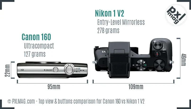 Canon 160 vs Nikon 1 V2 top view buttons comparison