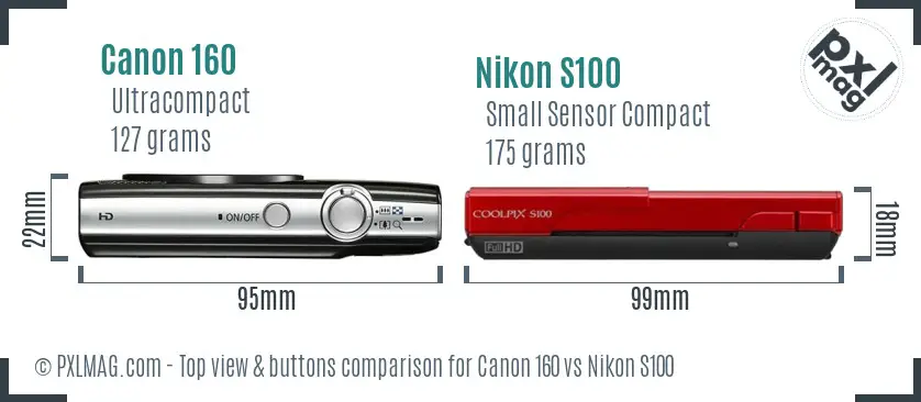 Canon 160 vs Nikon S100 top view buttons comparison
