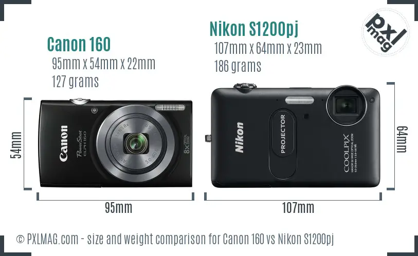 Canon 160 vs Nikon S1200pj size comparison