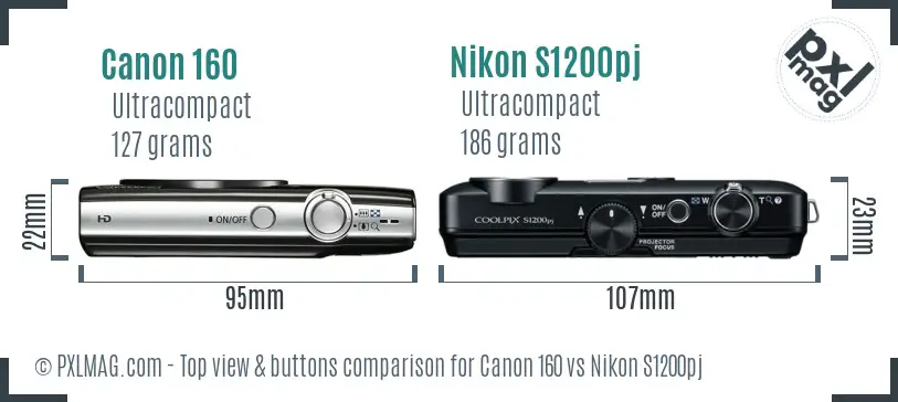 Canon 160 vs Nikon S1200pj top view buttons comparison