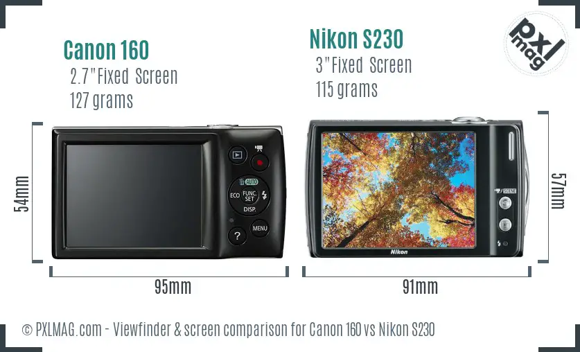 Canon 160 vs Nikon S230 Screen and Viewfinder comparison