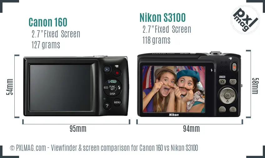 Canon 160 vs Nikon S3100 Screen and Viewfinder comparison