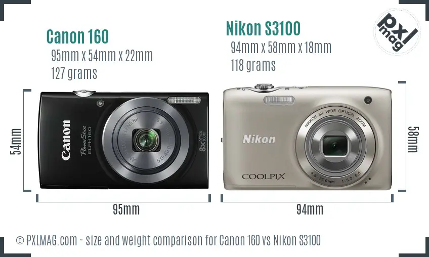 Canon 160 vs Nikon S3100 size comparison