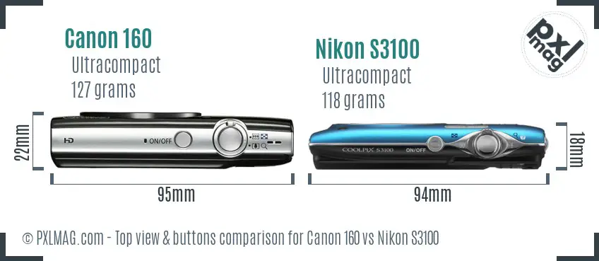 Canon 160 vs Nikon S3100 top view buttons comparison
