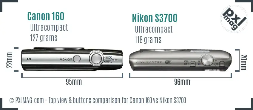 Canon 160 vs Nikon S3700 top view buttons comparison